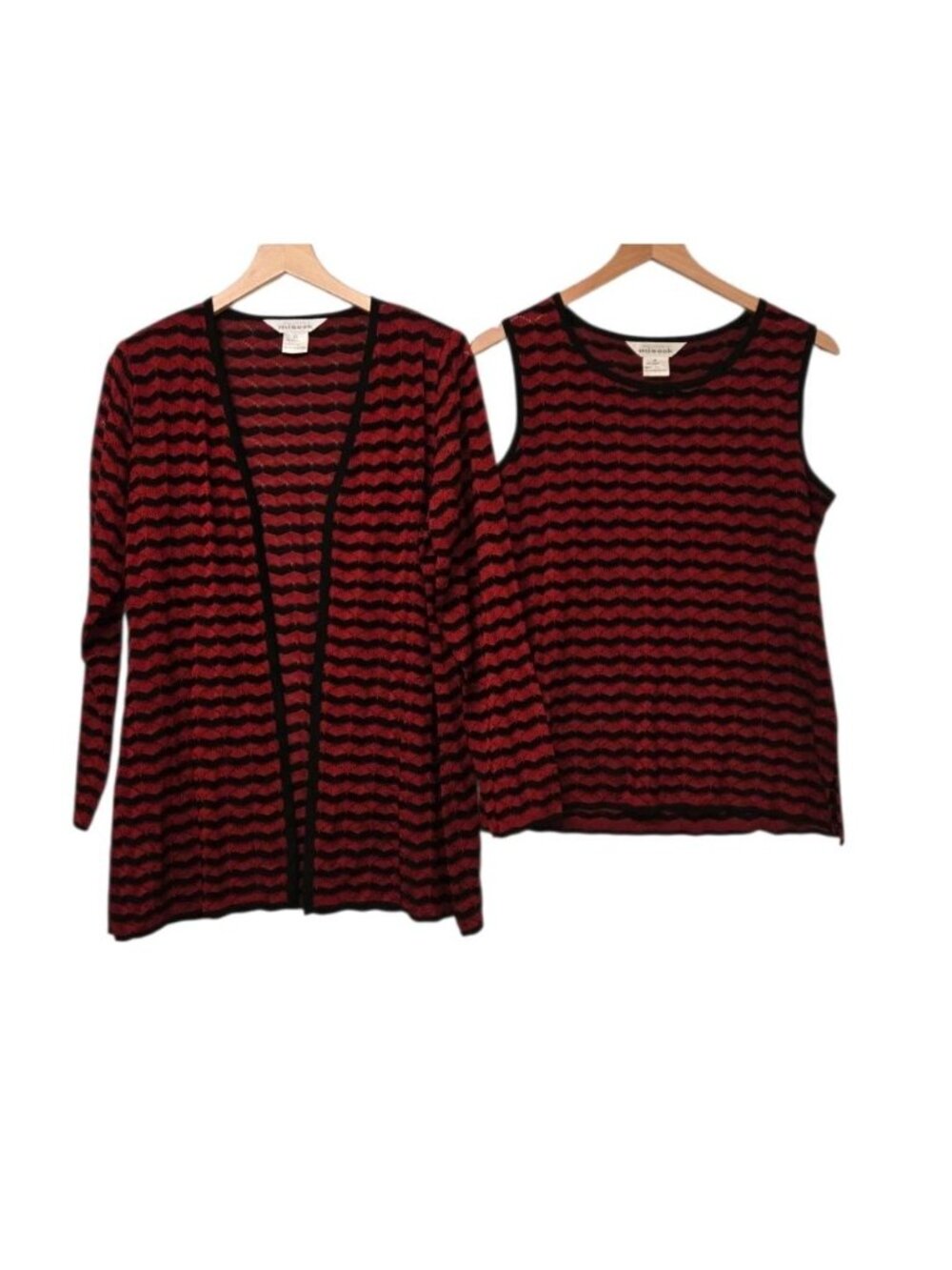Exclusively Misook Womens XS/S Black & Red Pointelle Knit Cardigan Tank Twinset
